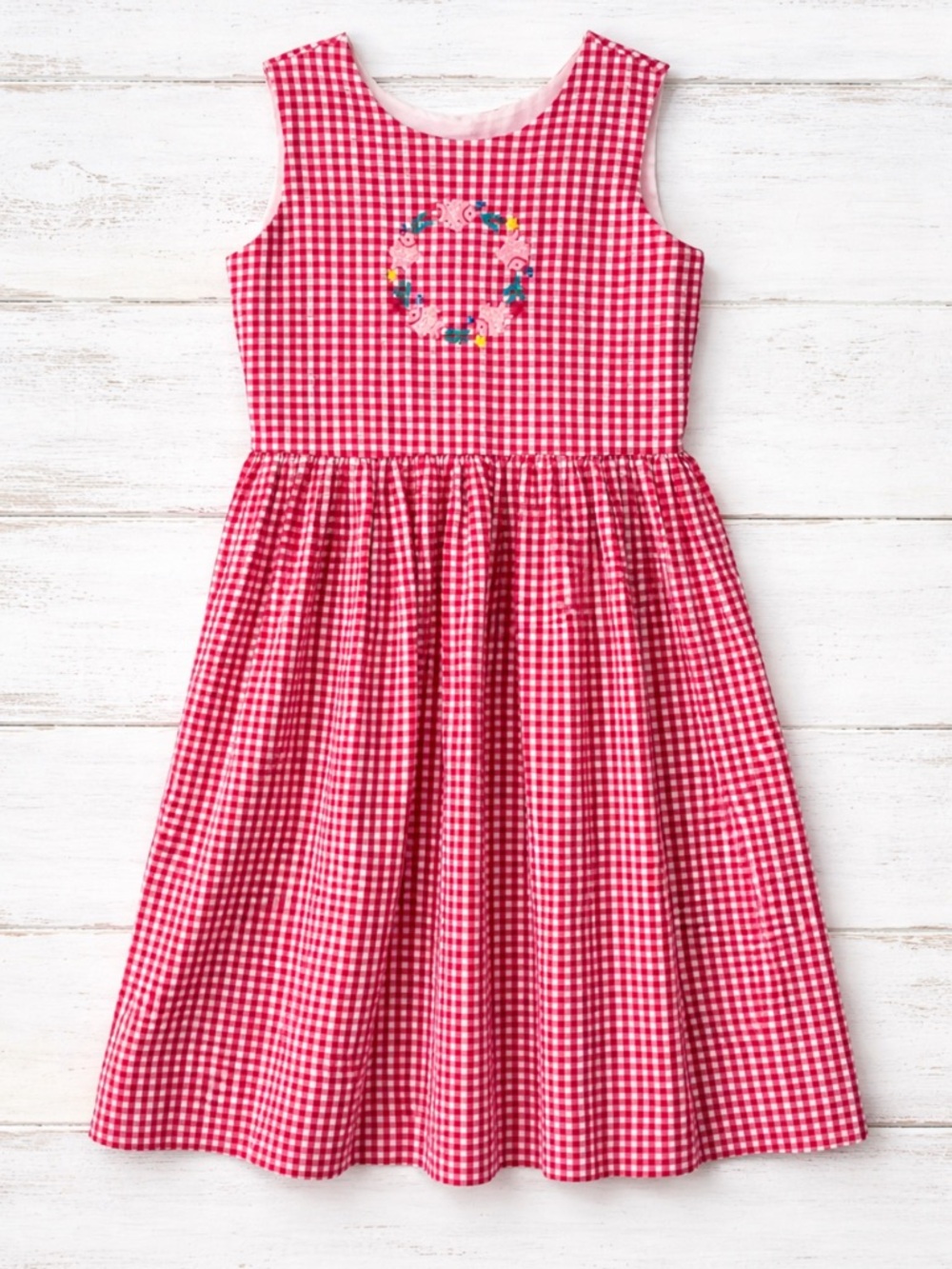 Girls pink vintage fast friends  Gingham Sleeveless Dress with Fish Embroidery